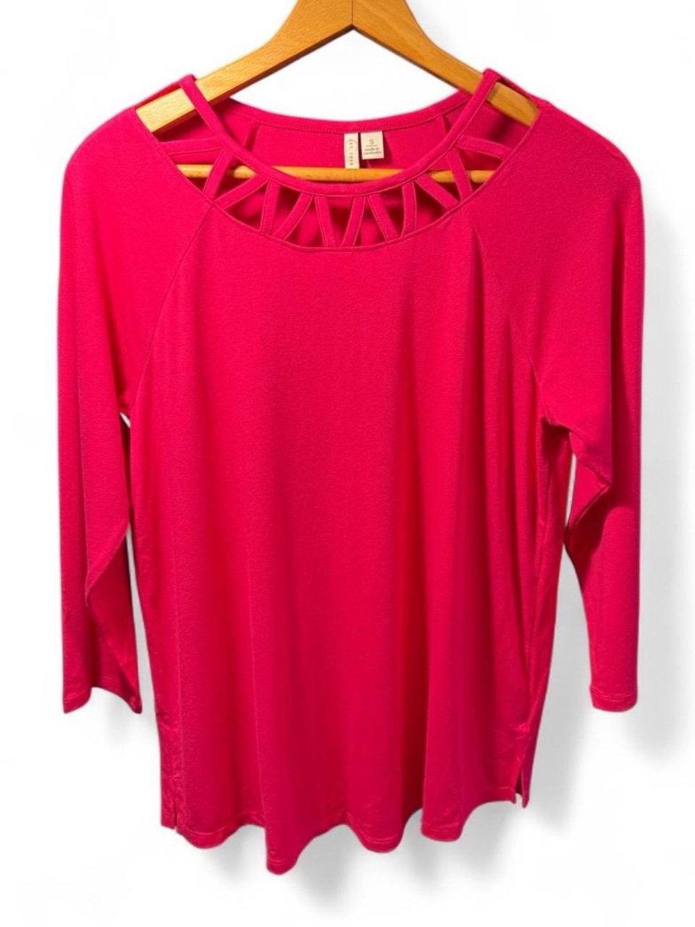 Women's Bright Hot Pink Cutout Neck Long Sleeve Top